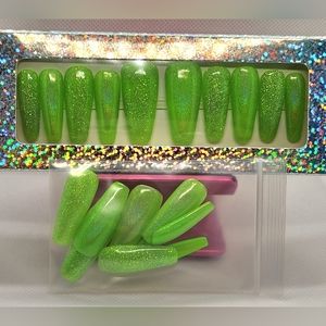 Iridescent Green Chrome and Glitter Press On Nails